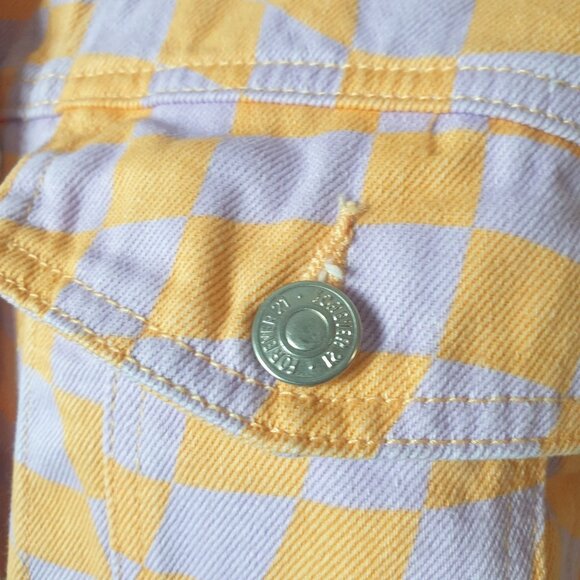 Forever 21 Womens Checkered Denim Jacket M Orange Lavender Casual Trendy Style - Picture 5 of 7